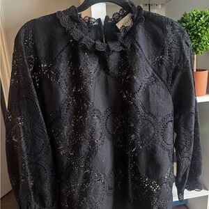Sezane Black Lace embroidered long sleeve blouse
